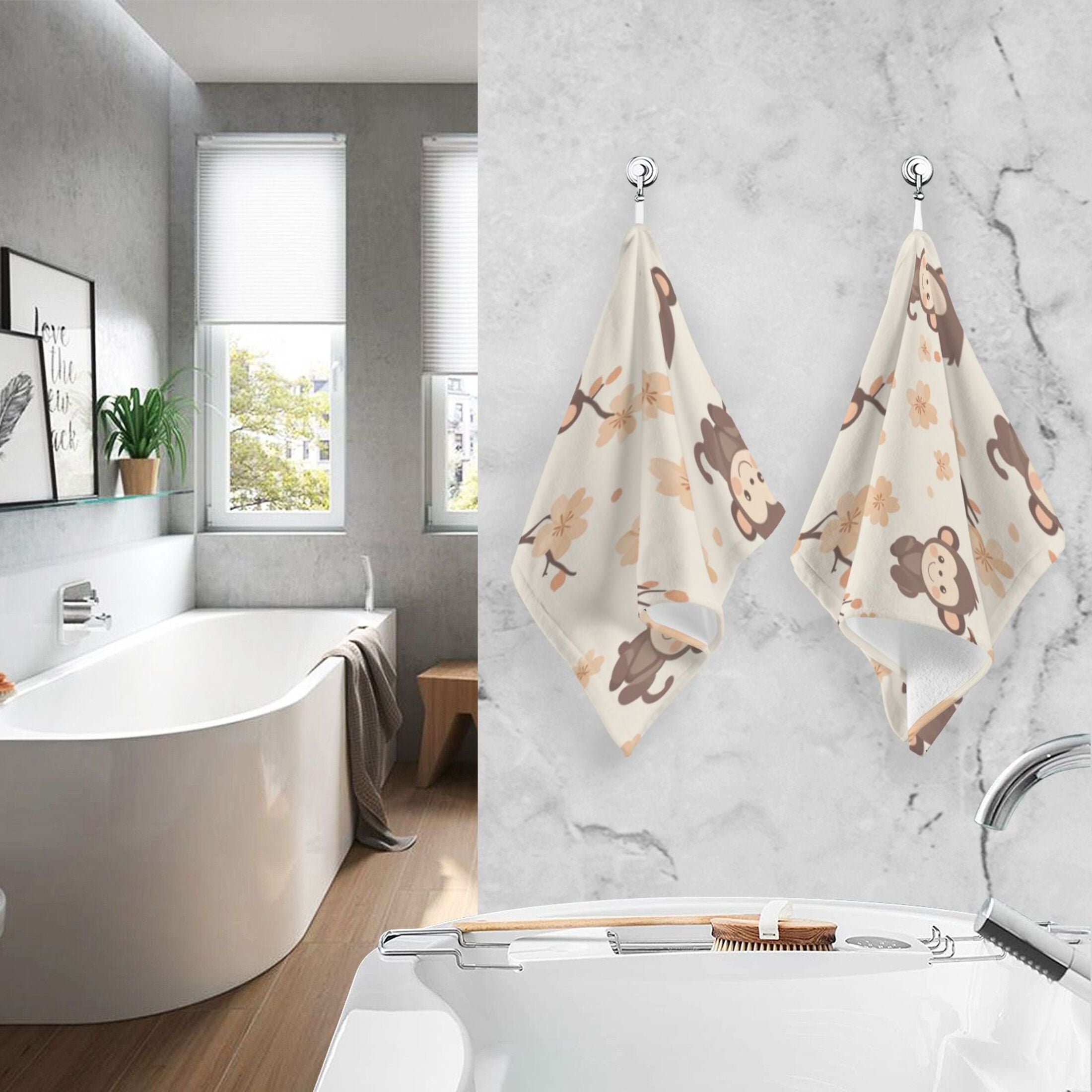 Cotton Towel Two-Piece 16x28 Inch One Sizex2 Face Towel Set Towel Set Cotton Hand Bath Towel Bathroom Beach Cute Little Brown Monkey
