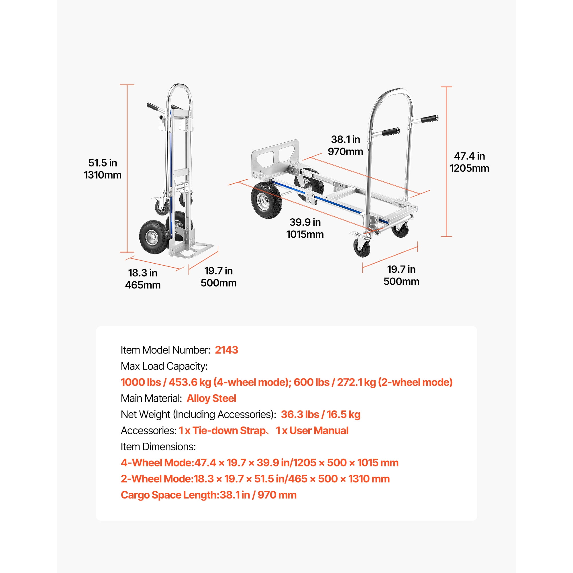 KFFKFF 2-in-1 Convertible Hand Truck, 1000 lbs Capacity for 4-Wheel Configuration, Heavy-Duty Dolly with Non-Slip Handle & Durable Wheels, Versatile Cart for Home, Warehouse, and Supermarket Use