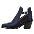 thumbnail image 2 of YDN Women Studded Mid Chunky Heeled Ankle Booties Pumps Closed Almond Toe Short Combat Boots Buckle Strap Cutout Shoes Size 15 Navy Blue, 2 of 5