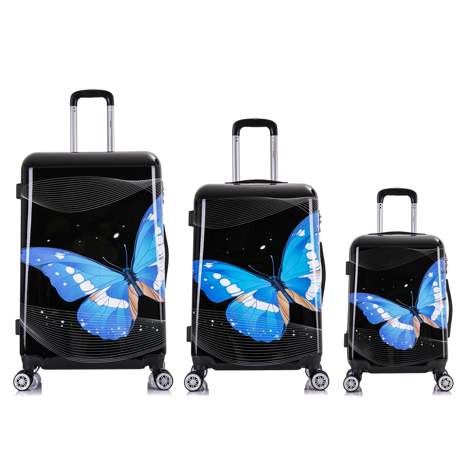 InUSA Print 3-Piece Hardside Luggage Sets with Spinner Wheels, Handle, Trolley, (20"/24"/28"), Black Butterfly
