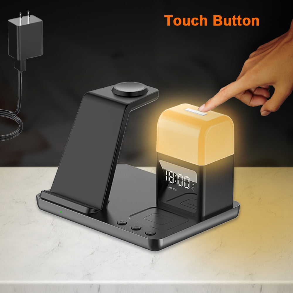 6 in 1 LED Phone Charger Stand Dock with Alarm Clock Night Light Wireless Charger for iPhone, , Wireless Charging Station for Apple Watch, for Airpods 3/2/Pro, for iPhone 17/16/15/14/13/12/11/Pro