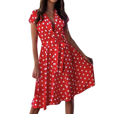 

Pink Dress Womens Dresses Women s Leisure Sexy Button Short Sleeve Printed V Neck Lacing Knee-Length Dress(Belt Included) Summer Dresses Womens Tops Dressy Casual on Clearance Red 2XL