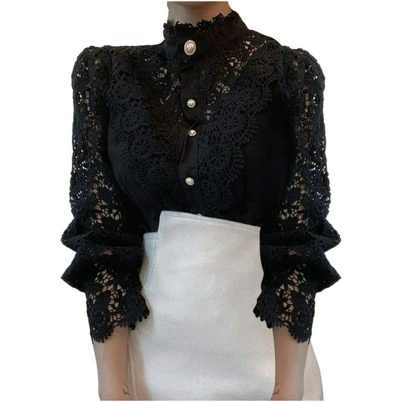 yoeyez Elegant Blouses for Women Dressy Casual Lace Floral Long Sleeve Shirts Patchwork Blusas De Encaje Para Mujer Black,L