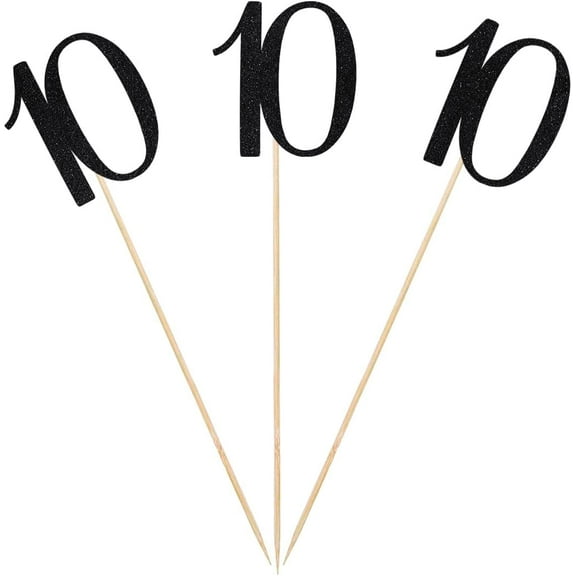 Black Glitter 10th Birthday Centerpiece Sticks, 12-Pack Number 10 Table Topper Anniversary Party Decorations