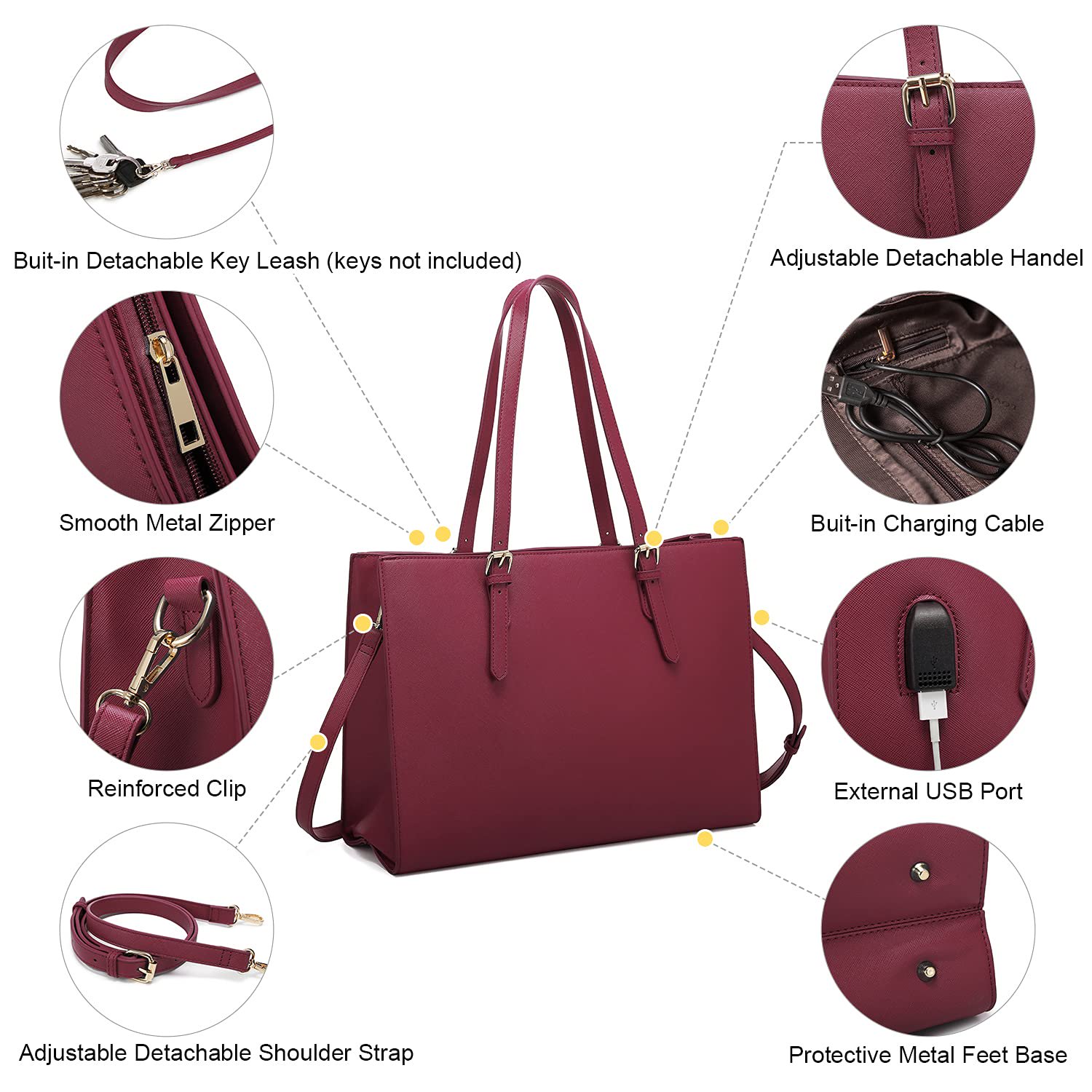 Laptop Bag for Women, Fashion Computer Tote Bag Large Capacity Handbag, Leather Shoulder Bag Purse Set, Professional Business Work Briefcase for Office Lady, 2PCs, 15.6-Inch, Dark Red