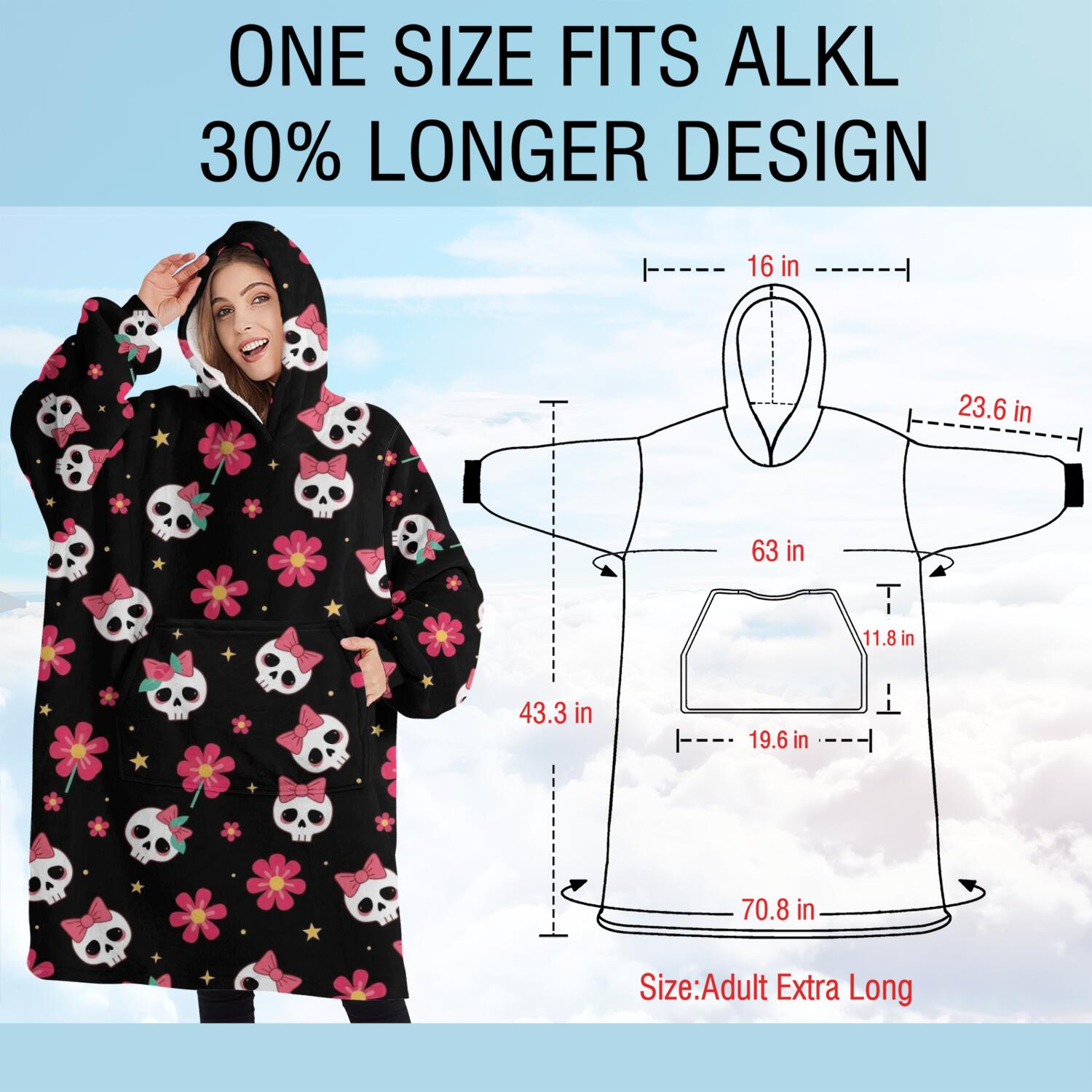 Oversized Wearable Blanket Hoodie,Black Skull Flower Bow Pattern Sherpa Blanket Hoodie with Super Pockets,Super Warm Fuzzy Pullover for Women & Men
