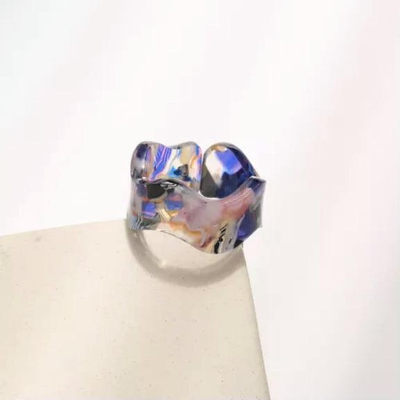 HOOUN Transparent Acrylic Rings Irregular Resin Rings Marble Pattern Fashion Jewelry-Blue-Resizable