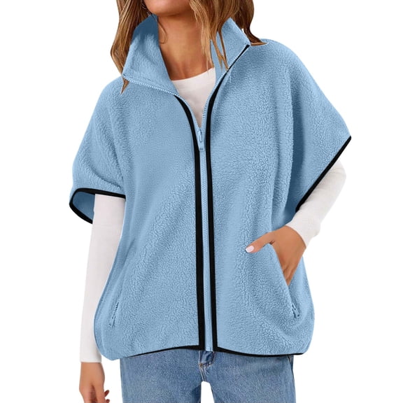 Gpaecead Women's Short Sleeve Fuzzy Fleece Vest Coat- Stand Collar Zip Pocket Coat Blue