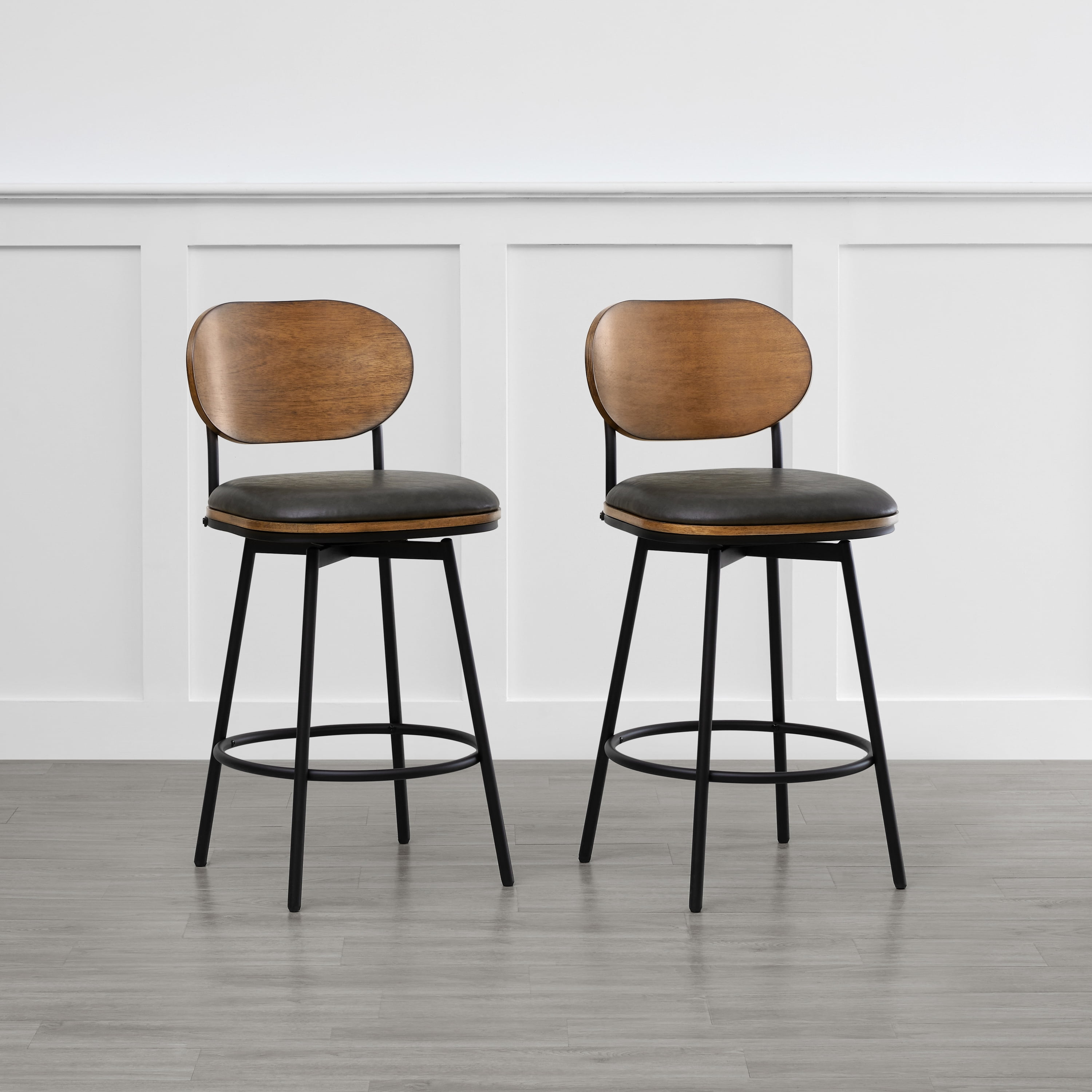 Spruce & Spring Counter Height Swivel Bar Stool with Wood Back and Metal Legs Set of 2, Dark Grey