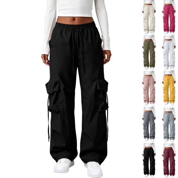 Wide Leg Cargo Pants for Women Hiking Parachute Pants Stretch Drawstring High Waisted Lightweight Joggers Y2k Streetwear, M