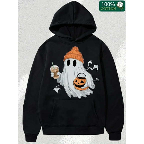 Cinolinkintera Men's Cotton Hoodie Halloween Ghost Pumpkin Drink Coffee Idea-Man's Halloween Hoodies, Halloween Pumpkins Print Casual Relaxed Soft Knit Pullover Hoodie Sweatshirt