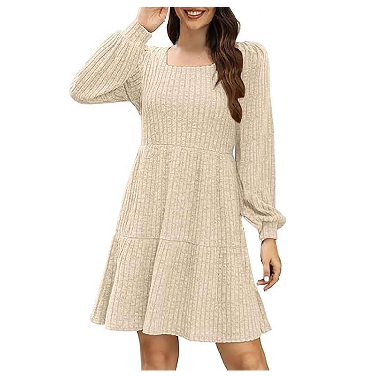 beige christmas dress women HOMBOM Dresses for Casual Mini Fall Outfits Loose Square Neckline Long Sleeve Ribbed Knitted L Color:petal_pink