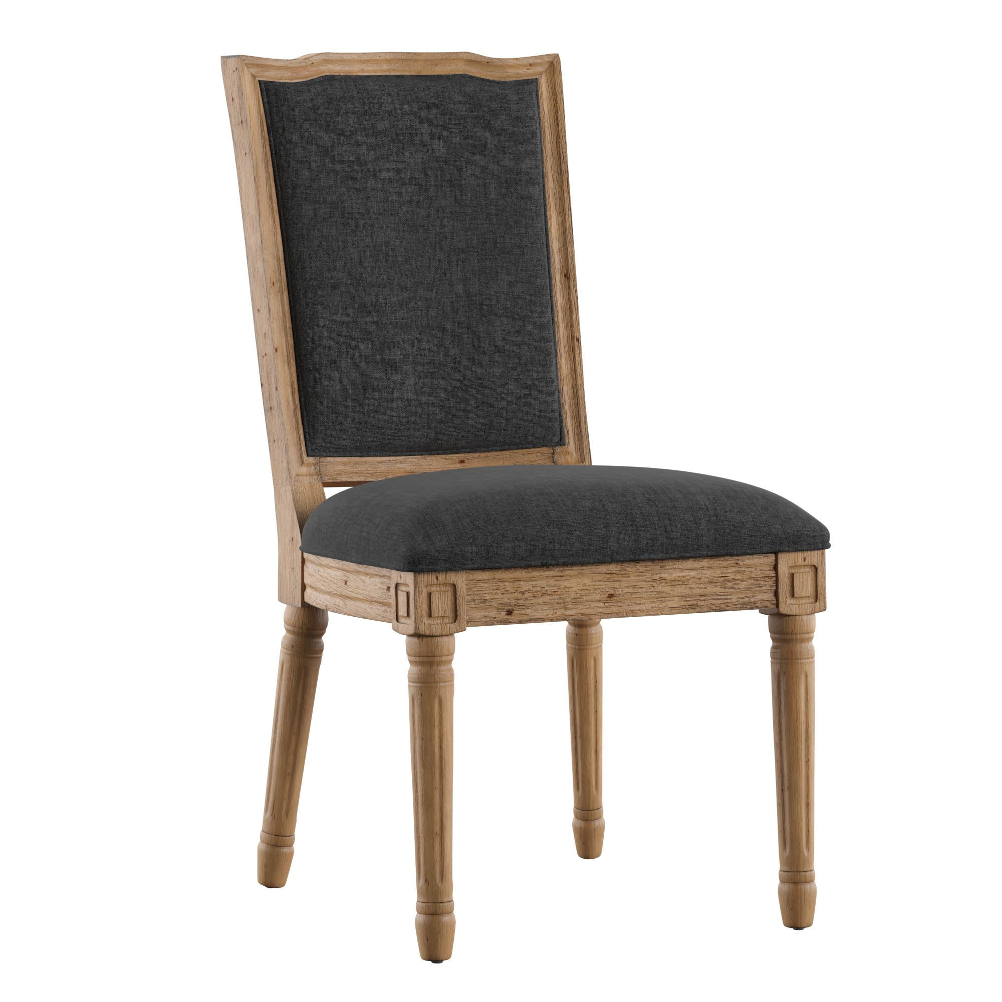 Weston Home Amadell Ornate Linen and Wood Dining Chairs, Set of 2, Dark Grey Linen, Natural Finish
