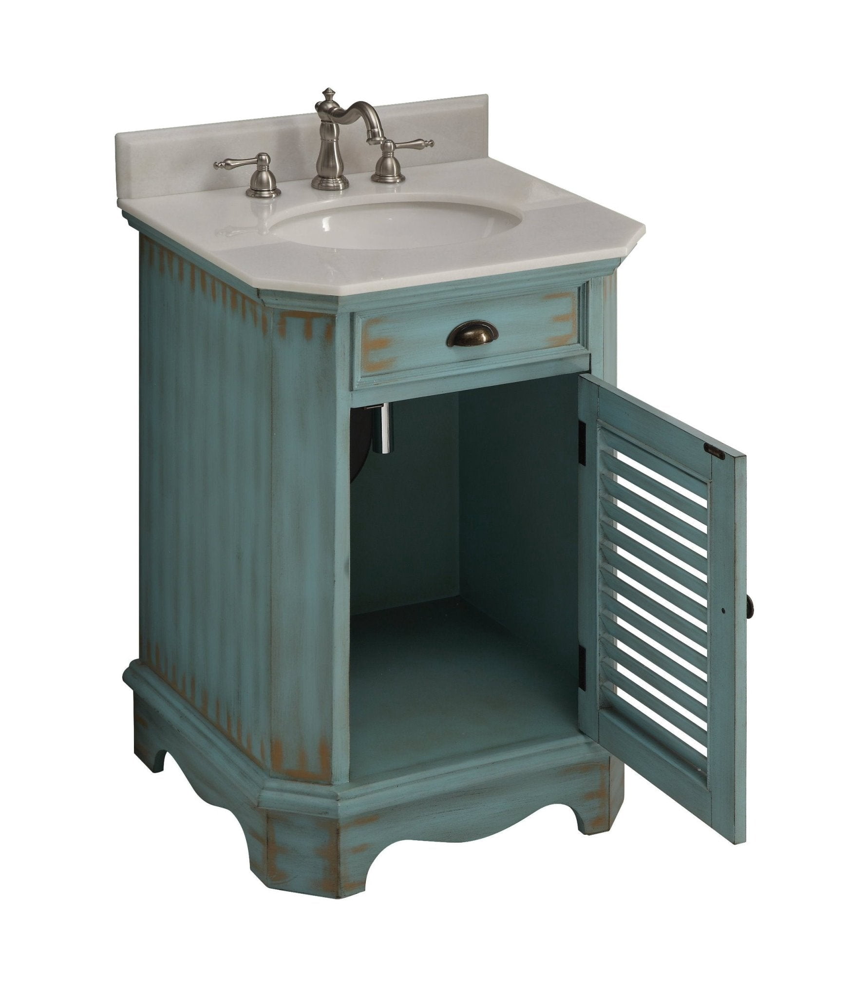 Benton Collection 24" Distressed Blue Bathroom Vanity with White Marble Top