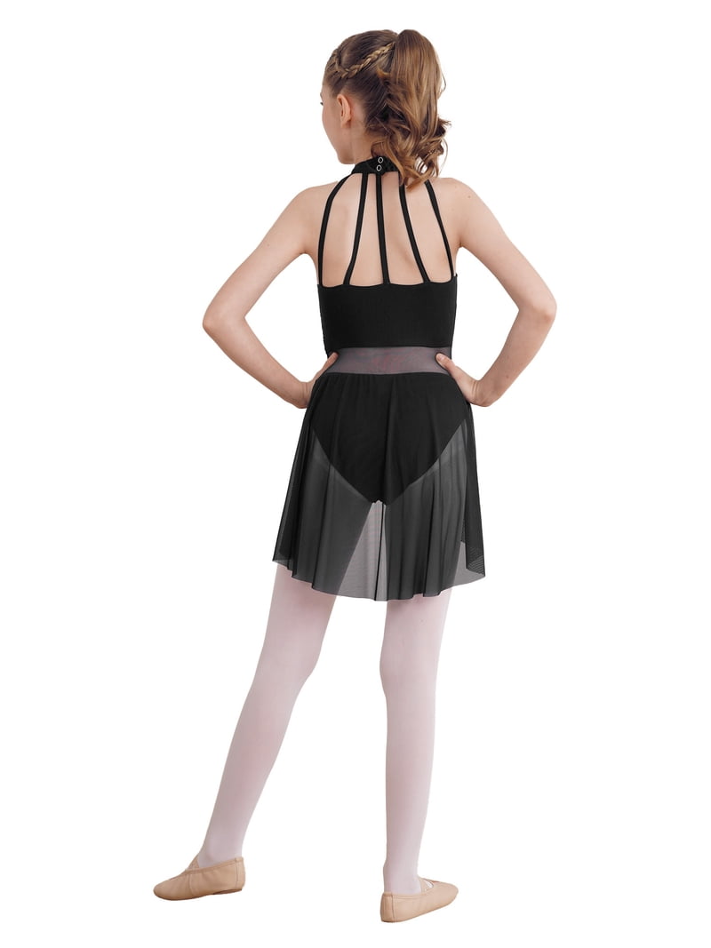 Chictry Girls Ballet Dance Dress Halter Neck Lace Leotard Tutu Skirted Lyrical Dancewear Contemporary Dance Costume Black 6