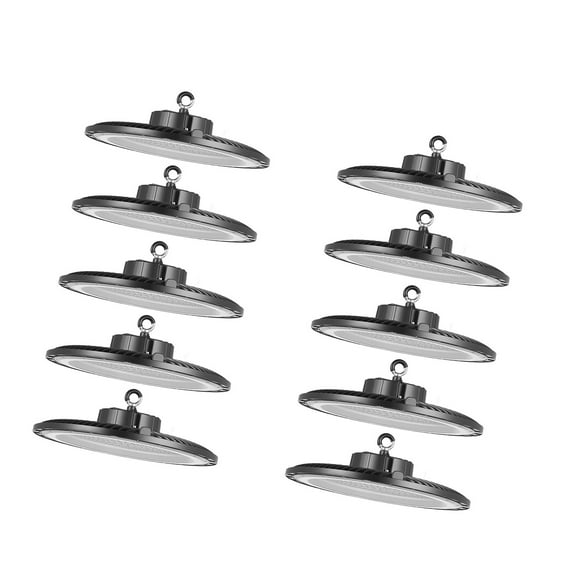 KFFKFF 10 Pack LED High Bay Lights, 150W 5000K 21000LM Bright UFO LED Lights for Warehouse, Workshop, Factory, Gym, Garage, Barn, IP65 Waterproof, 100-277V Voltage Range, Black