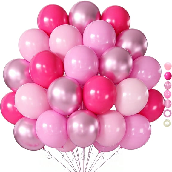 Pink Balloons Metallic Pink Balloon, 60Pcs 12Inch Chrome Deep Light Pearl Hot Pink Latex Balloons for Birthday Wedding Party Decorations