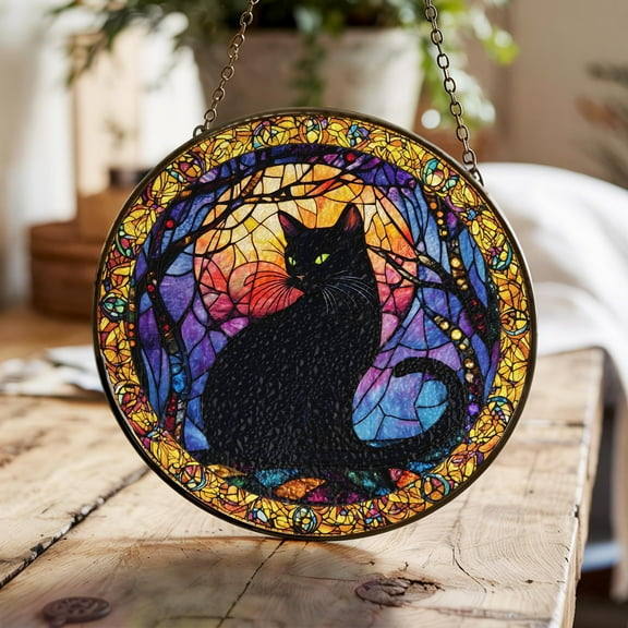 Black Cat Suncatcher, Black Cat Halloween Window Hanging Sun Catcher Decorl Gift for Cat Lovers, Halloween Decoration Gift