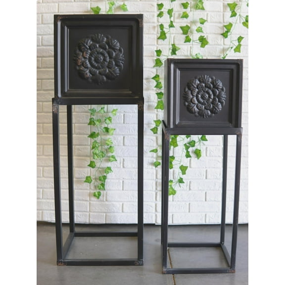 Set of 2 Vintage French Country Floral Accent Planter Basin Pots With Stands