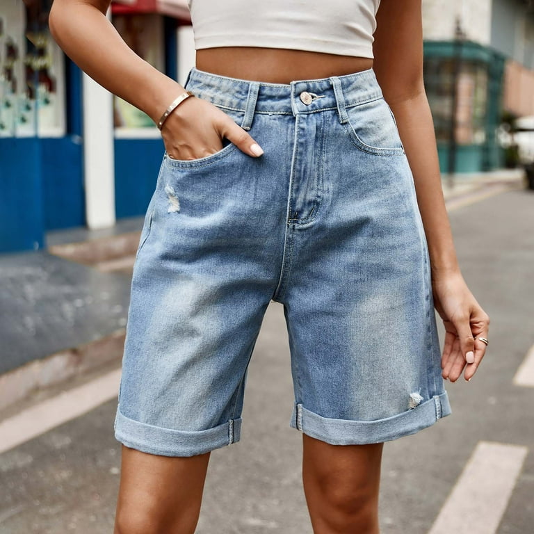 JIUKE Women's Ripped Denim Jean Shorts Mid Rise A-Line Loose Wide Leg  Casual Pants Button Zipper Pockets Stretchy Short Jeans