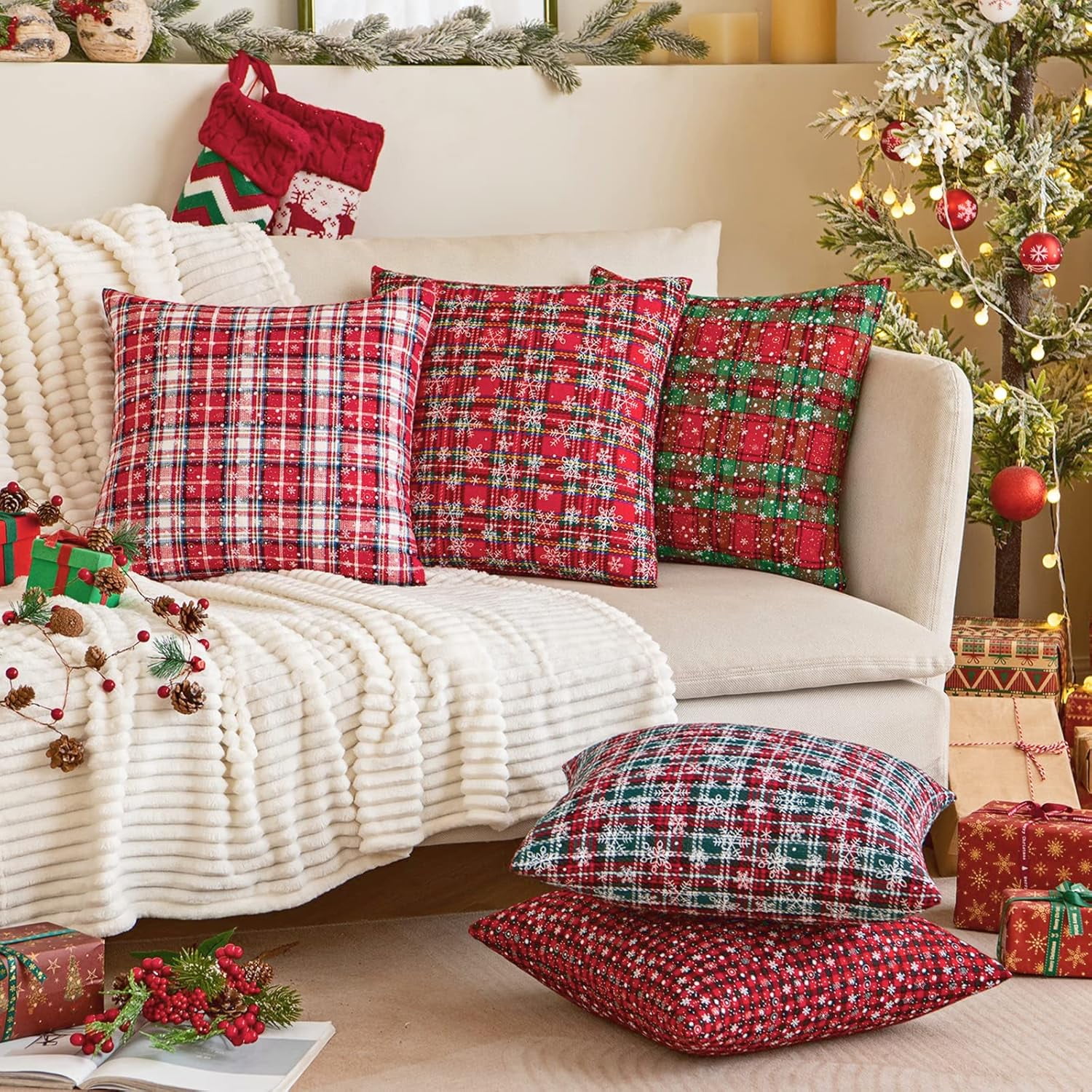 2PCS Christmas Plaid Decorative Throw Pillow Covers Snowflake for Sofa Farmhouse Decor,20x20 Inch