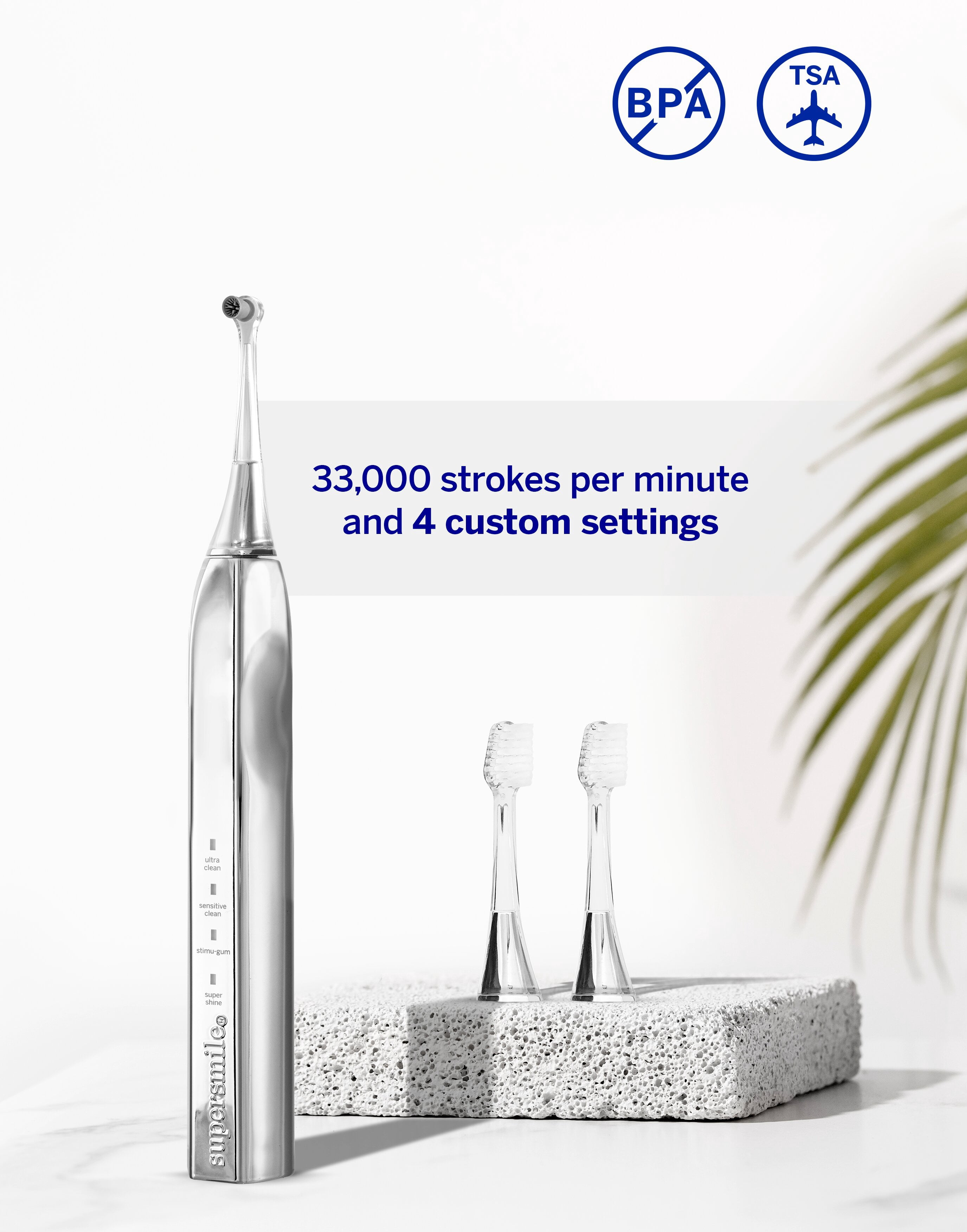 Supersmile Zina45 Sonic Pulse Electric Toothbrush - Rechargeable Whitening Toothbrush w/Polishing Head - 4 Cleaning Modes, Silver