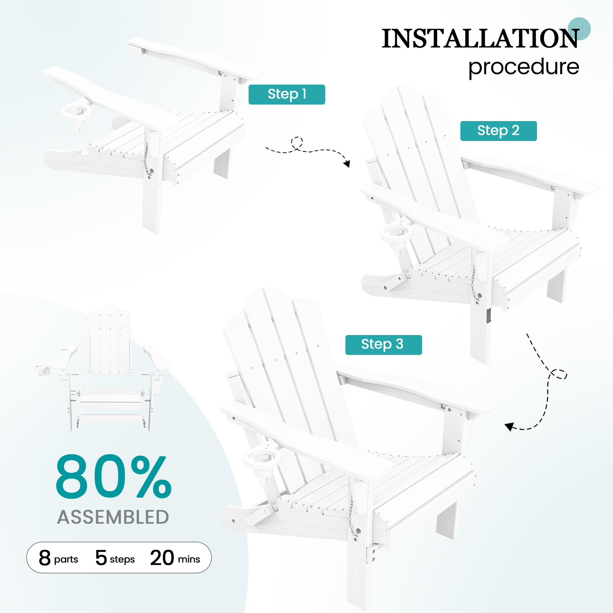 KINGYES Adjustable Folding Adirondack Chairs, Set of 2, White photo 8