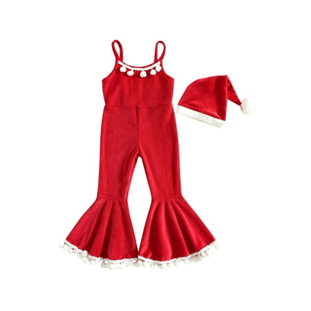 

Ma&Baby Toddler Baby Girls Christmas Cute Plush Ball Tassel Sling Flare Pants Jumpsuit + Hat Set