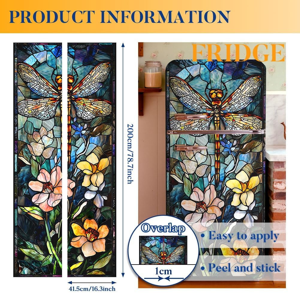 2 Sheet Dragonfly Removable Refrigerator Wraps Self-Adhesive Fridge Stickers Peel and Stick Vinyl Fridge Decals Sticker