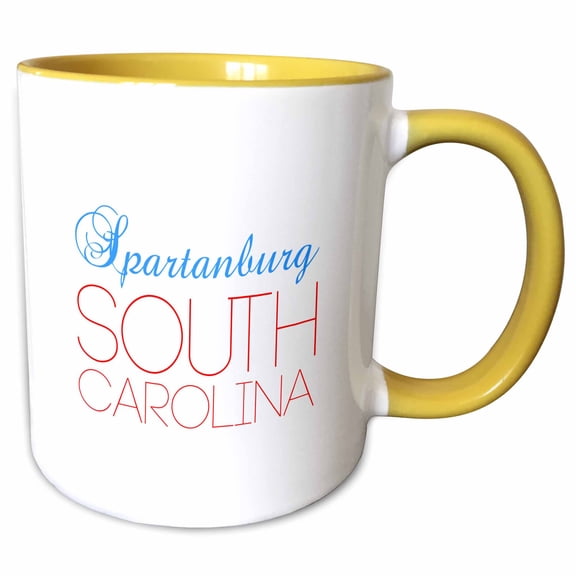 3drose, Spartanburg South Carolina Blue, Red Text. Patriotic Home Town Design, 15oz Two-tone Yellow Mug