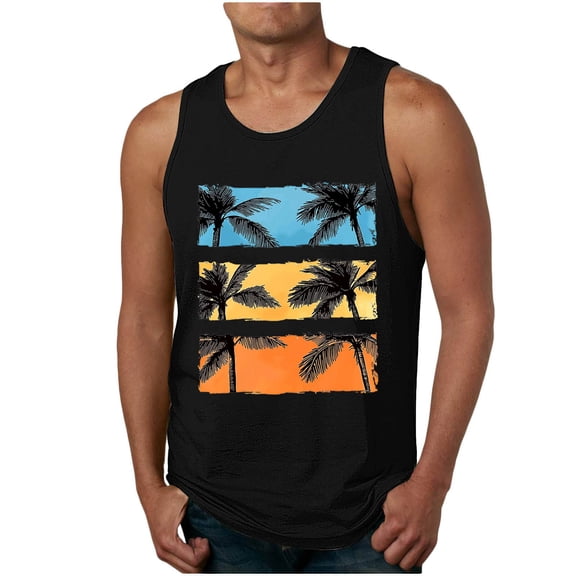 Taqqpue Mens Plus Size Tank Tops Casual Crewneck Hawaiian Sleeveless Shirts Quick Dry Graphic Beach Coconut Tree Gym Tank Tops for Workout Athletic Training Sports