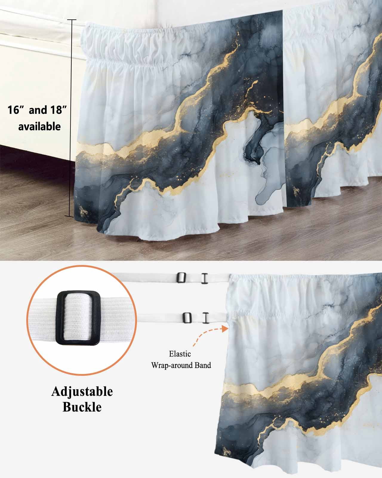 Black Marble Wrap Around Bed Skirts for Queen Bed 16" Drop, Bed Skirt with Adjustable Elastic Belt Dust Ruffle Bed Valance for Bedroom Hotel Luxury Modern Abstract Art Ink Painted Bed Frame Cover