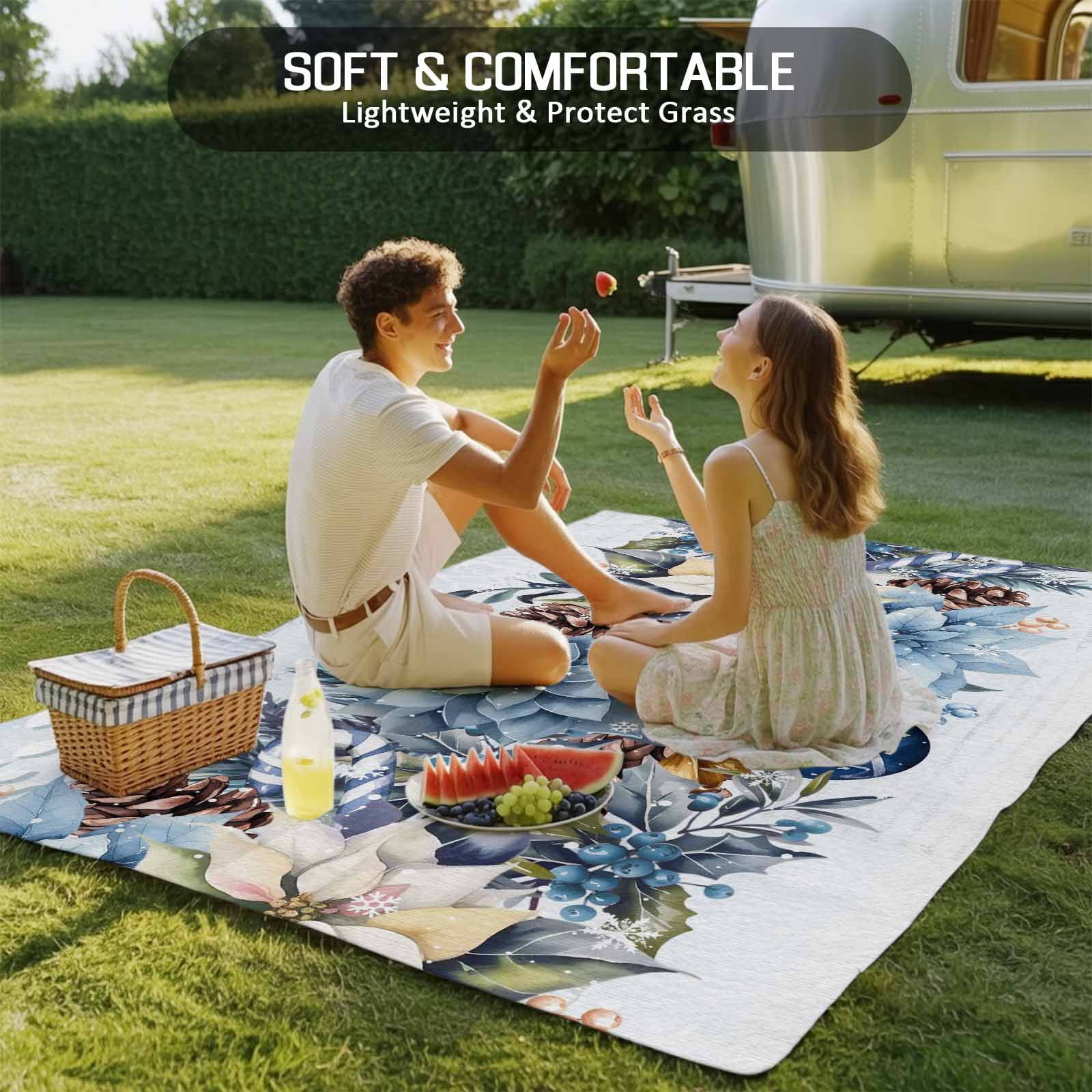 Fsddascl Blue Poinsettia Christmas Outdoor Rug for Patio/Deck/Porch, Non-Slip Large Area Rug 4 x 6 Ft, Xmas Botanical Balls Snowflake Indoor Outdoor Rugs Washable Area Rugs, Camping Rug Carpet Runner