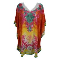 Mogul Womens Short Kaftan Cover Up Colorful Printed V Neckline Georgette Beach Swimwear Dresses Evening Wear Kimono Caftan XL