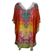 Mogul Womens Short Kaftan Cover Up Colorful Printed V Neckline Georgette Beach Swimwear Dresses Evening Wear Kimono Caftan XL