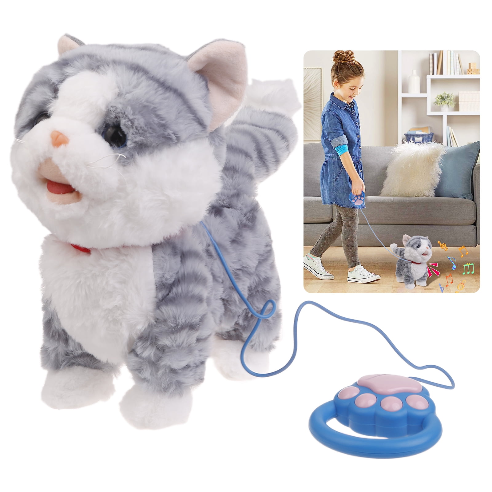 COOLHOOD Realistic Walking Cat Toy Electronic Plush Pet Leash Control Cat Toy Interactive Crawl Learning Toy Toddler Fun