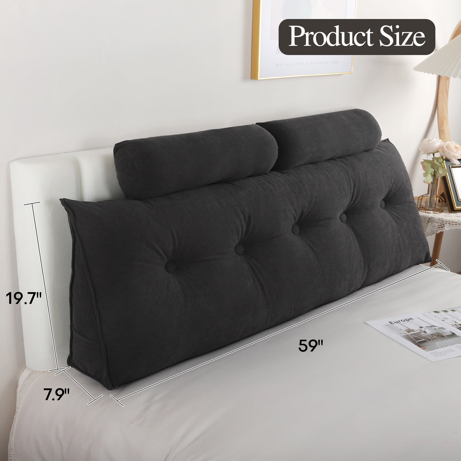 Lovote Bed Headboard Wedge Pillow with Neck Roll Pillow Ultimate Back Support and Comfort, 59"x20",Black