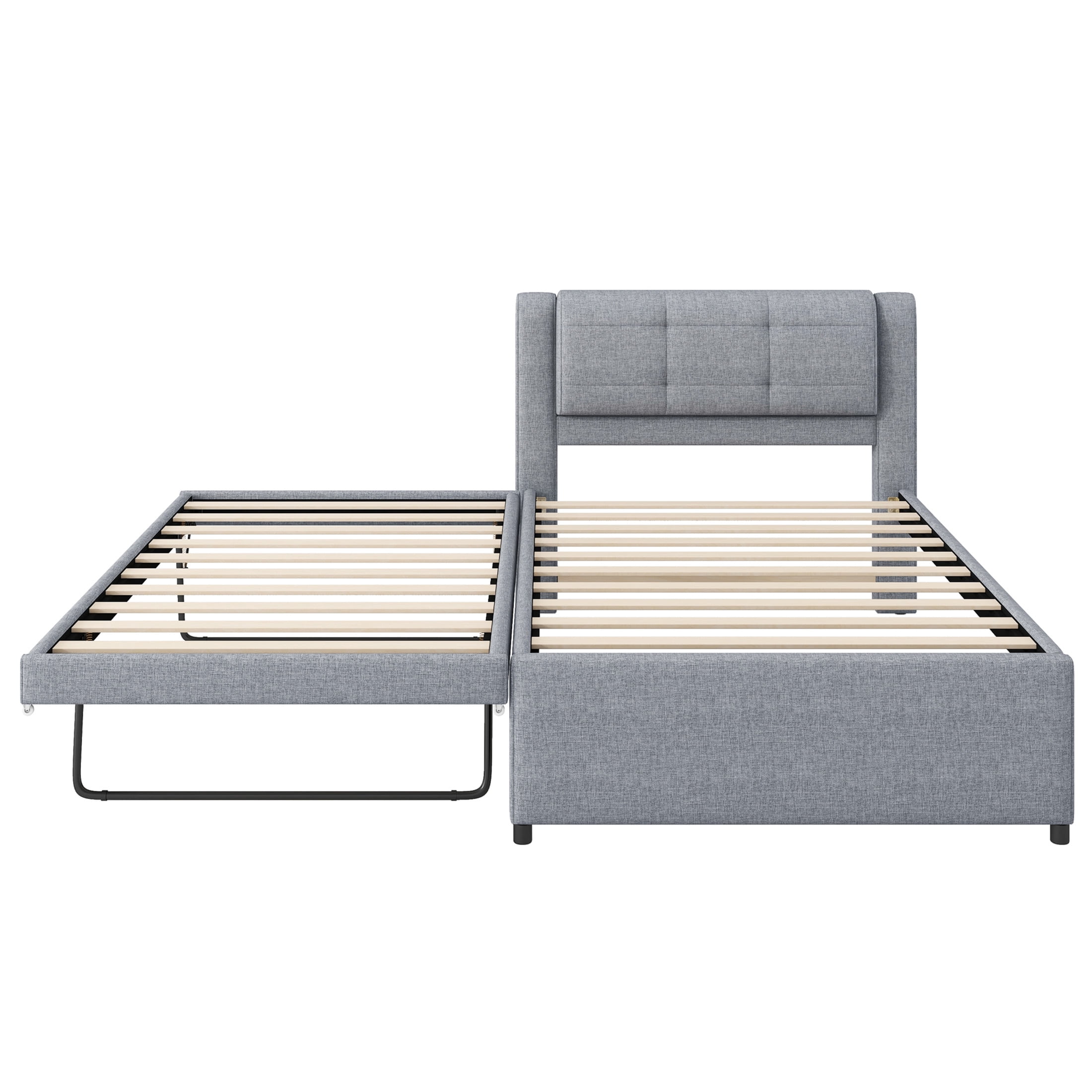 Noble House Twin Size Linen Upholstered Platform Bed with Multifunctional Pop-Up Trundle, Pine Wood Frame, Gray
