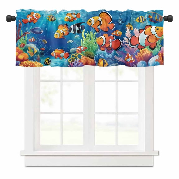 Summer Ocean Valances for Windows Clownfish Coral Seagrass Rod Pocket Curtain Valance Window Treatment Short Curtains for Kitchen Living Room, 54"x18"