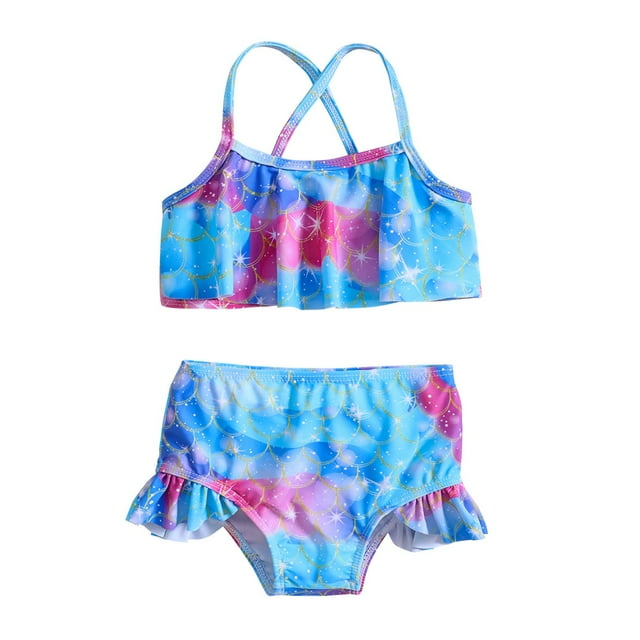 MIASHUI Maillots de Bain Mignons pour Filles à Volants Deux Pièces, Bleu Ciel, 3-4 Ans