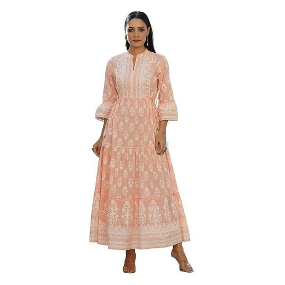 Juniper Peach Ethnic Motif Printed Pure Cotton Tiered Maxi Dress