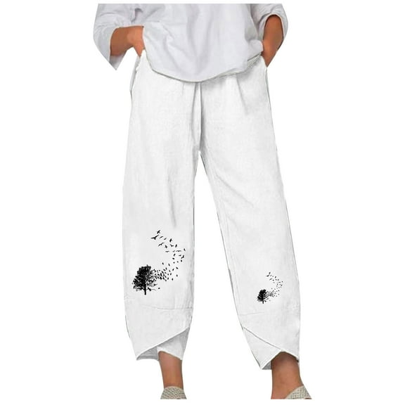 Tungbrin Cropped Cotton Linen Pants for Women Fashion Casual Print Straight Leg Pants Elastic Waist Loose Trouser with Pockets