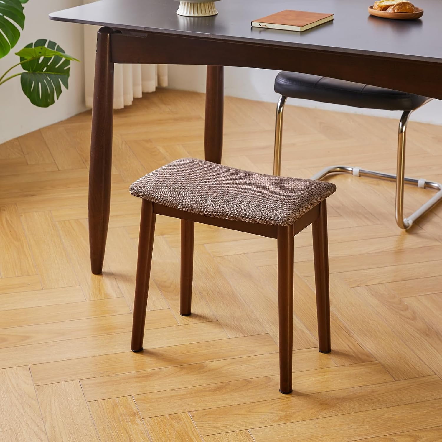 Vanity Stool with Saddle Cushion,Modern Foot Stool Ottoman Piano Bench,Foot Rest Stool with Solid Wood Legs, Small Upholstered Bench for Bedroom, Entryway,Beige