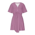 thumbnail image 4 of Fartey Summer Dresses for Women 2025 Button Crew Neck Short Sleeve Midi Dress Loose Flowy Swing Dresses with Belt Business Casual Solid Color Work Dress Purple XL, 4 of 9