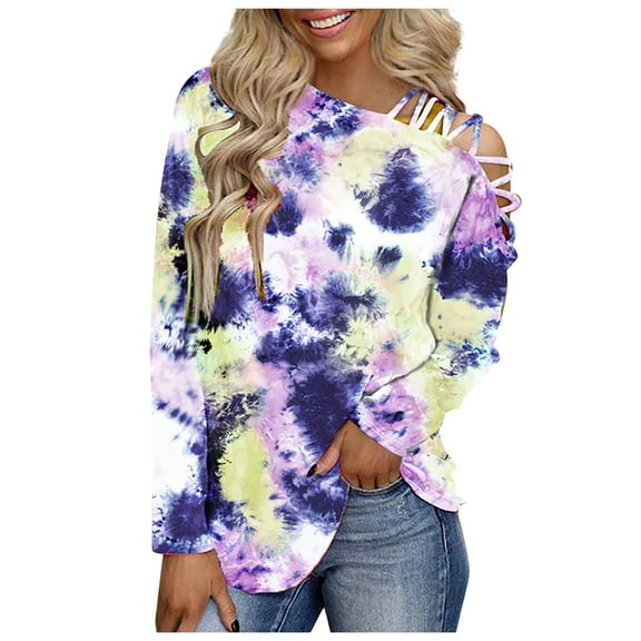 Fesfesfes Tops for Women Printed Tie-Dye Crewneck Long Sleeve Casual Tee Tops Blouse