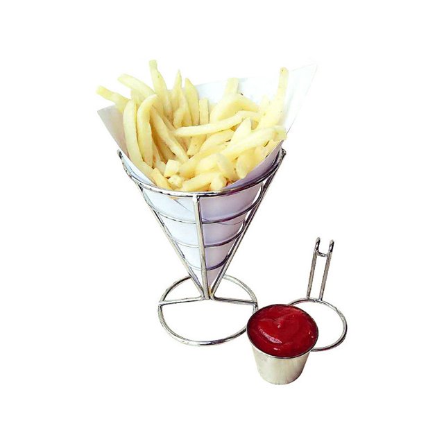 2 piezas de soporte para papas fritas, cesta para papas fritas en forma de cono francés con taza para salsa, soporte de alambre de metal para papas fritas para alimentos, soporte para helado