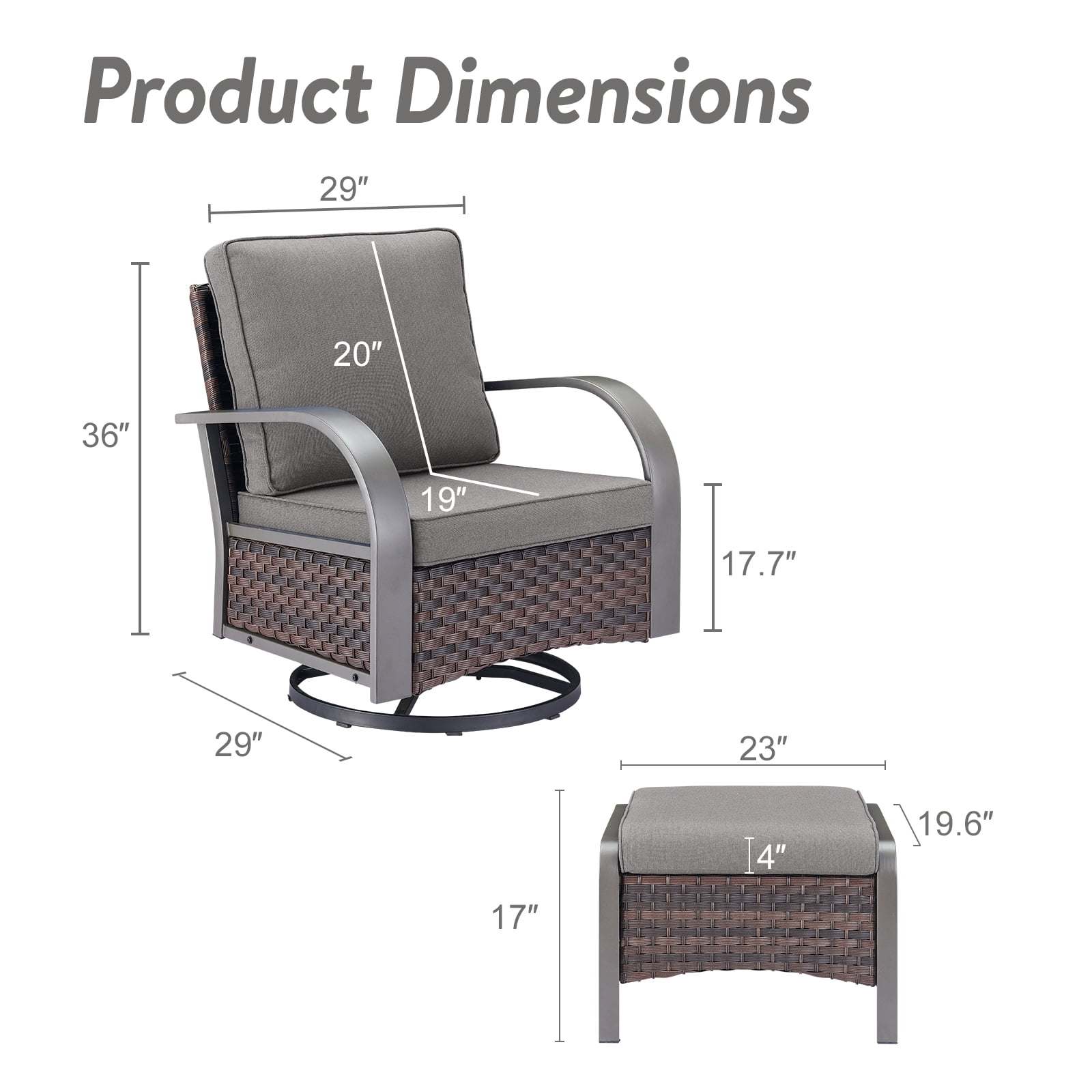 OPOHORO 4-Piece Patio Conversation Set with 2 Swivel Rocking Chairs and 2 Ottomans, PE Wicker Outdoor Furniture with Gray Cushions for Porch or Backyard