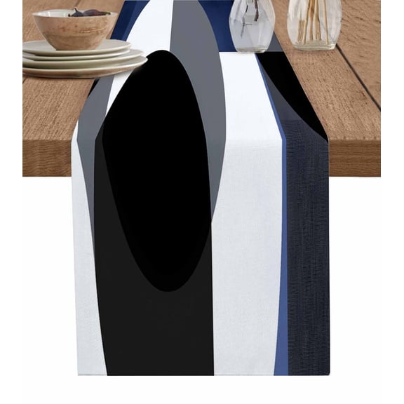 Ldtrchee Navy Blue Black Geometric Table Runner 60 Inches, Art Modern Abstract Bed Runner Dresser Scarves Tabletop for Indoor Outdoor Parties/Ceremony/Banquet, 13" x 60"