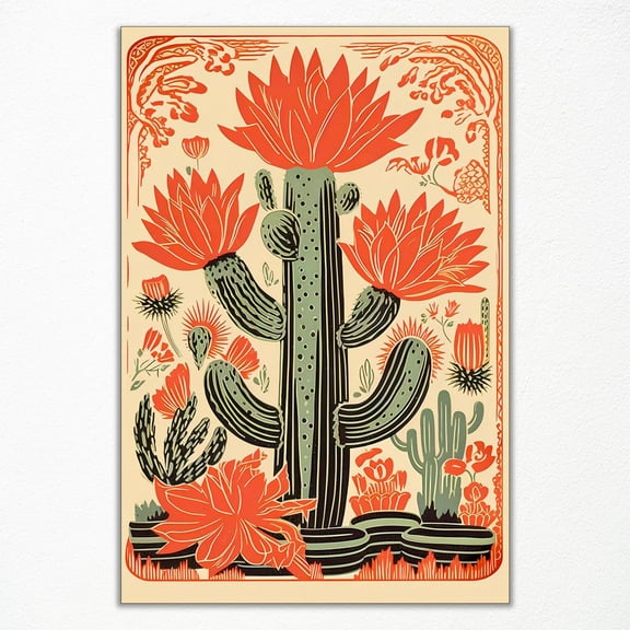 12x16in Unframed Vintage Mexican Wall Art, Green Plant Cactus Wall Art, Colorful Southwestern Wall Art Canvas, Orange Rustic Desert Art Botanical Cactus Print for Wall Decor