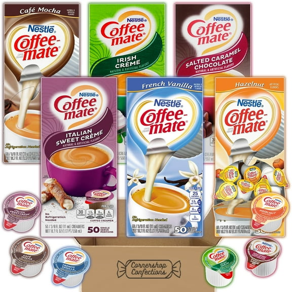 Coffee Mate Variety Pack - 300 Coffee Creamer Cups, 50 Of Each Flavor - Hazelnut, Cafe Mocha, Irish Creme, French Vanilla, Italian Sweet Cream, Salted Caramel Chocolate in Cornershop Confections pack